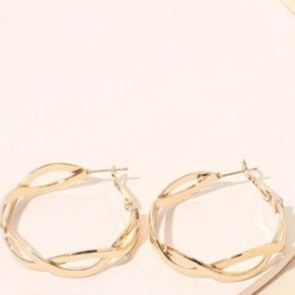 Gold Tone Twist Braid Open Center Round Hoop Geometric Pierced Earrings - Picture 2 of 3